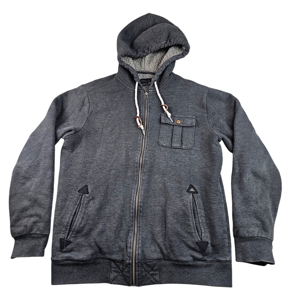 O'Neill Hoodie Jacket Men's Small Dark Gray Sherpa Lined Zip Up Fleece Lined